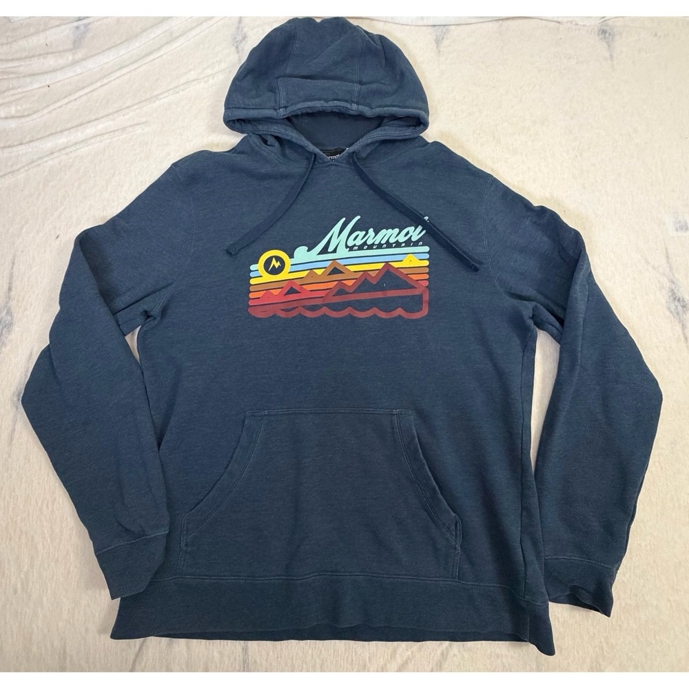 Marmot Adult L Hoodie Blue Graphic Pullover Sweatshirt Mountain Logo